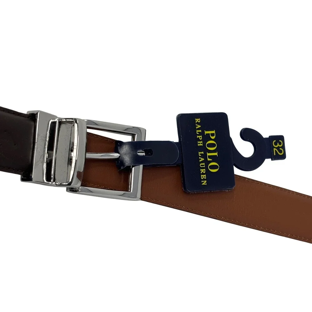 Polo Ralph Lauren Reversible Leather Belt Brown Tan Silver Buckle Size 32 NEW